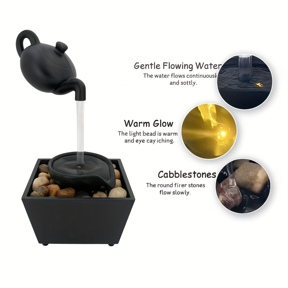 Tabletop Water Fountain with LED Light Zen Teapot Indoor Relaxation Fountain Black Resin Pebble Bed Soothing Water Flow Meditation Decor Home Office Desk Zen Garden Gift