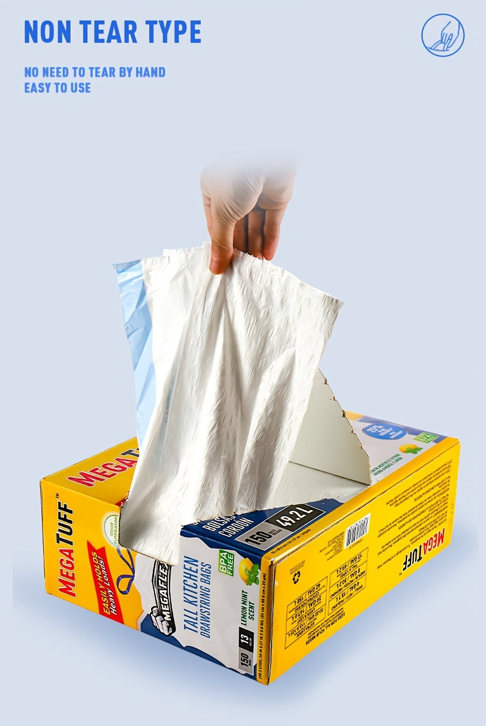 Drawstring Trash Bags 13 Gallon, 150 Count Tall Kitchen Garbage Bags, Puncture & Tear Resistant, Odor Eliminator Technology, Lemon Mint Fresh Scent, Disposable Drawstring Waste Bags for Kitchen Bathroom Office