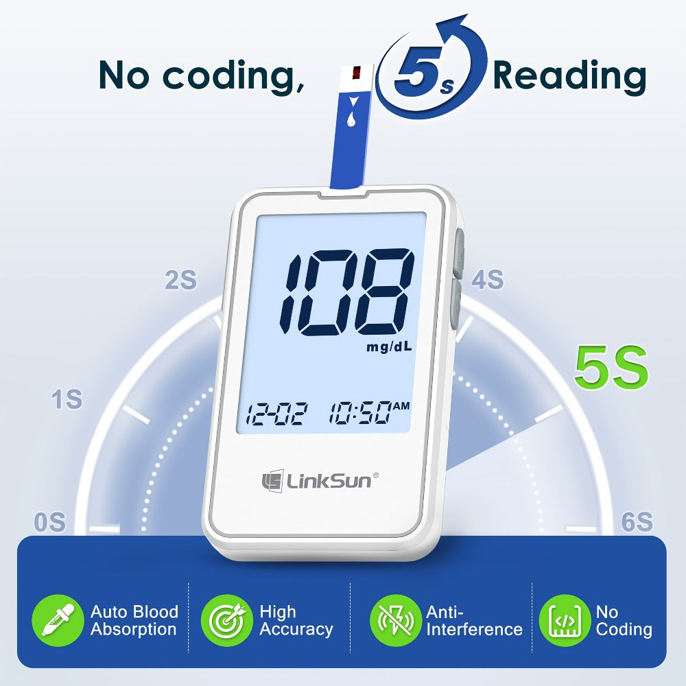 Blood Glucose Monitor Kit with 100 Test Strips & Lancets | Linksun Diabetes Testing Set | Large Display 448 Memory No Coding Glucometer