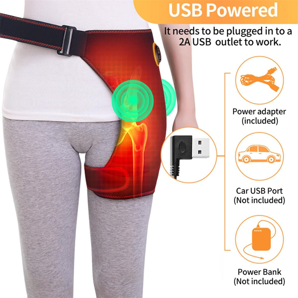 Heated Hip Brace Massager USB Electric for Men & Women - 3 Vibration & 3 Heat Settings Hip Thigh Support Wrap with Heating Pad, Hamstring Pain Relief Brace, USB Rechargeable, Black
