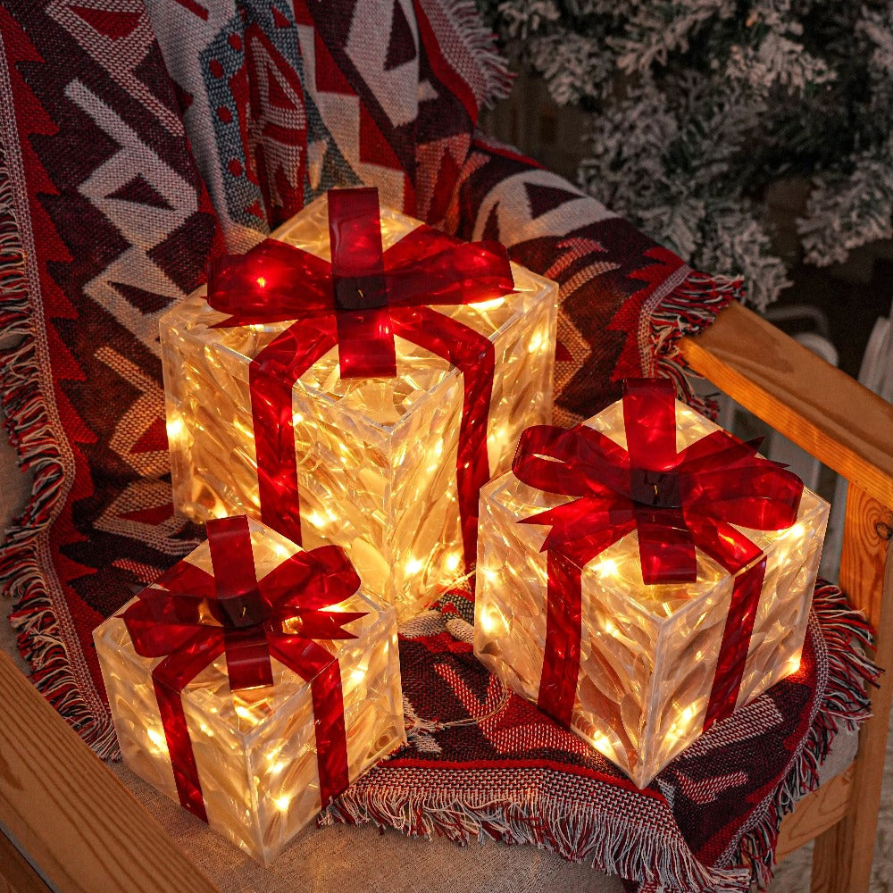 Christmas Light-Up Gift Boxes Set of 3 ¨C USB & Battery LED Warm White Lighted Decorations with Timer, 8 Lighting Modes, Red Bow, Indoor Outdoor Holiday Home Decor