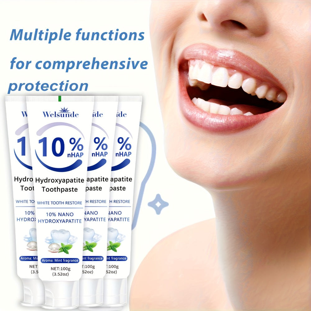 Hydroxyapatite Toothpaste 4-Pack ¨C 10% Nano Formula with Baking Soda, Deep Cleaning & Whitening Gel, Mint Fresh Breath, Fluoride-Free Daily Oral Care for Everyone, Home & Travel Sleek Tube Design (400g)