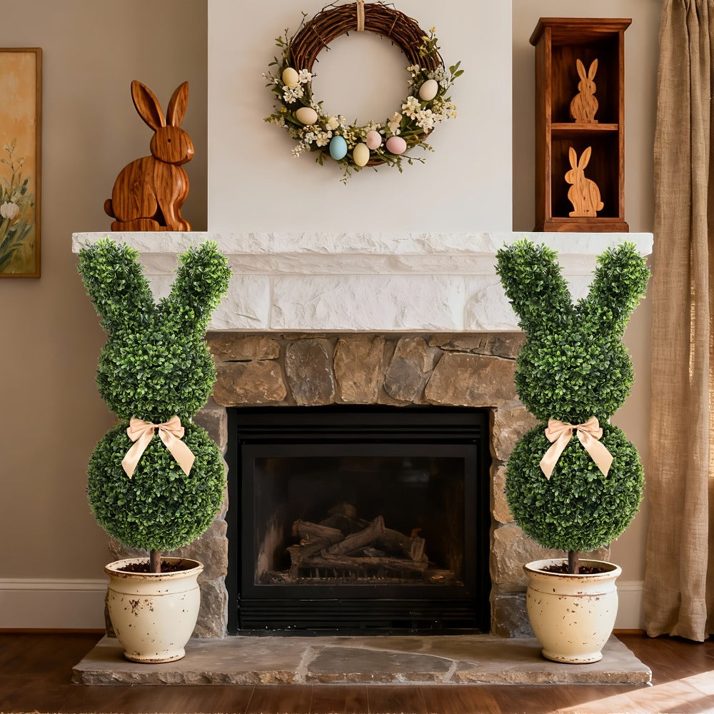Artificial Boxwood Bunny Topiary 2-Pack | 3Ft Faux Rabbit Garden Statue with Bow, Indoor Outdoor Easter Spring Porch Decor, Lifelike Greenery Sculpture with Planter