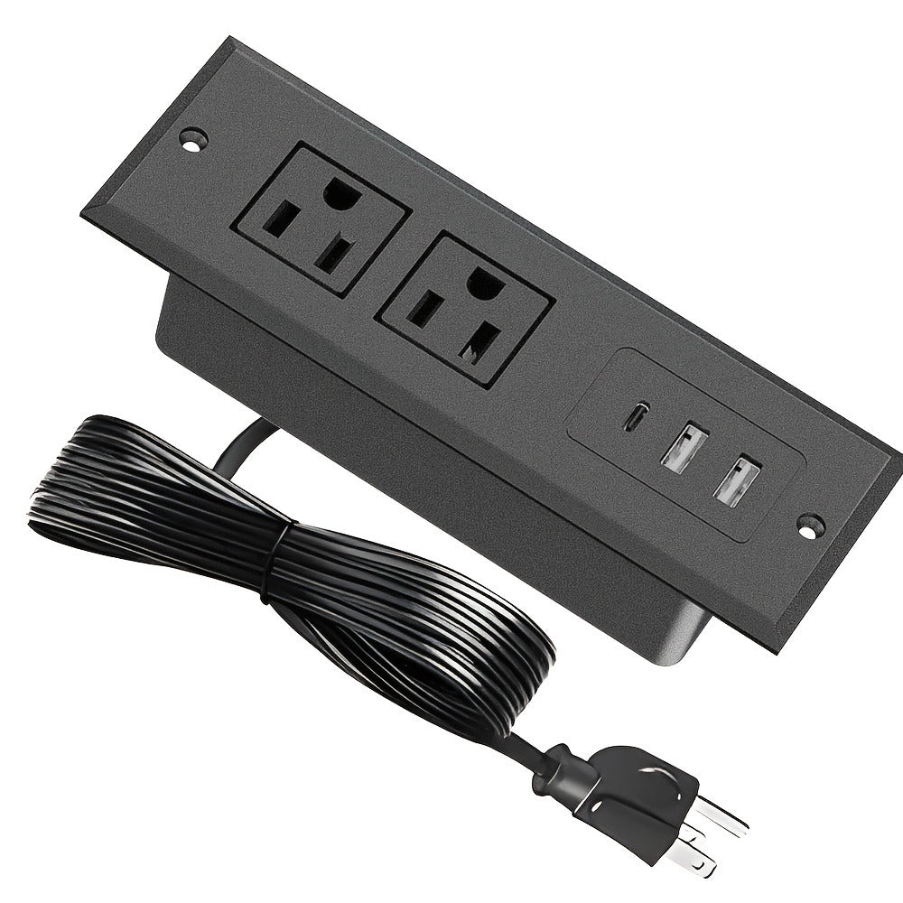 Recessed Power Strip Flush Mount Desk Outlet with USB-C & USB-A Ports In-Desk Power Grommet for Conference Room Office Table Furniture 1.5m Cord