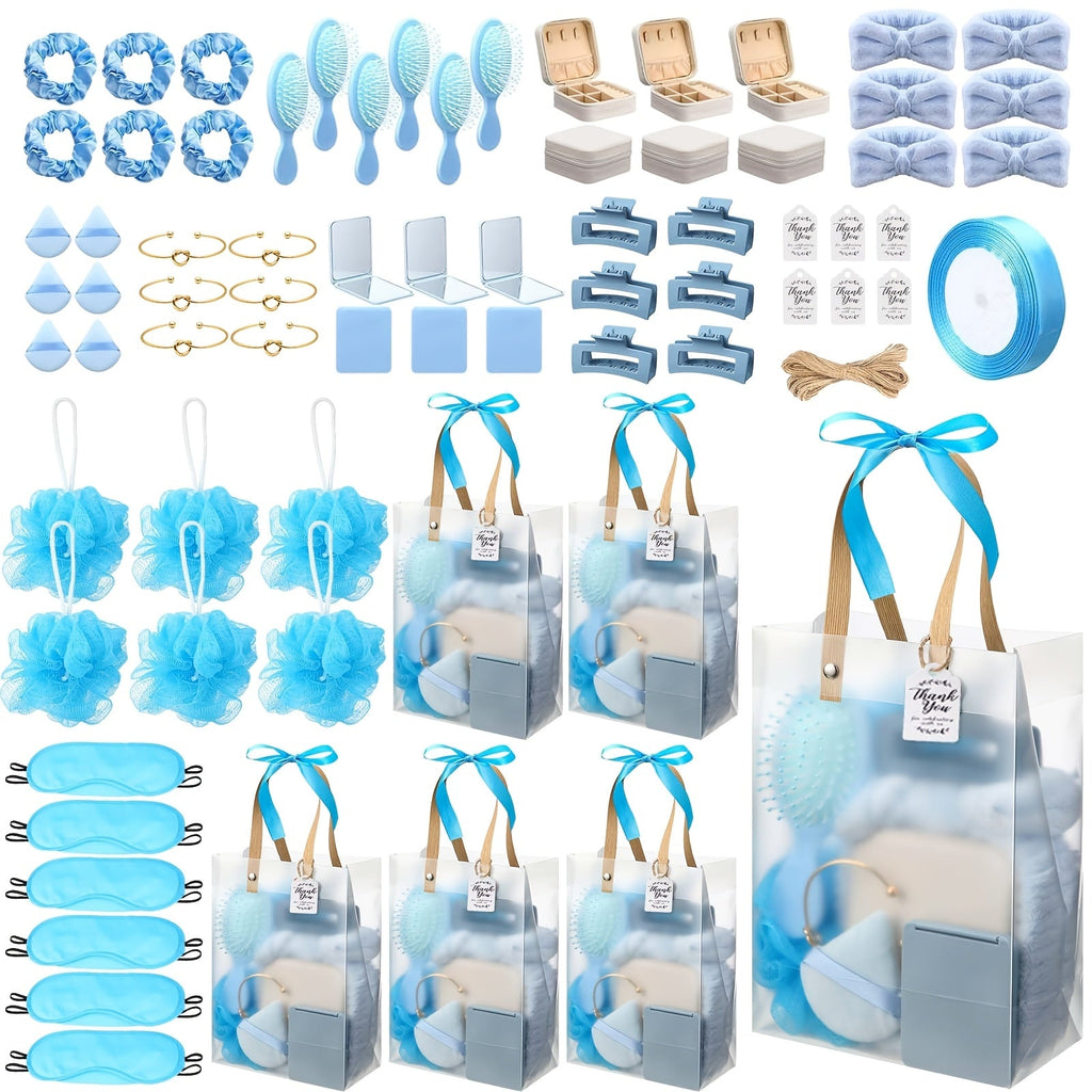 Party Favor Gift Set 74pcs ¨C Headbands, Hair Brushes, Bracelets, Mirrors, Powder Puffs, Hair Ties, Clips, Bath Sponges & Jewelry Boxes with Gift Bags for Bridal Shower, Wedding, Christmas & Events (Pink/Blue)