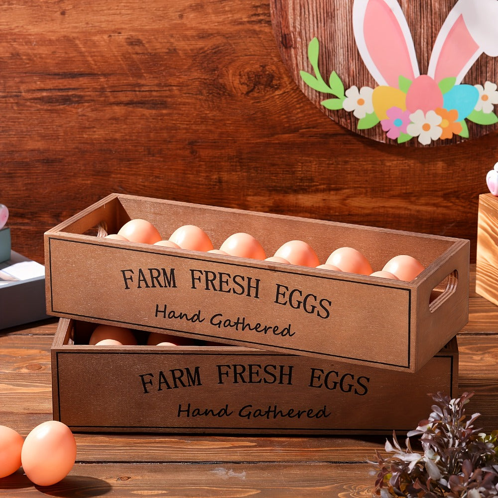Farmhouse Wooden Egg Holder Rack 2pcs - 24 Egg Storage Display with Handle for Kitchen, Farm, Easter