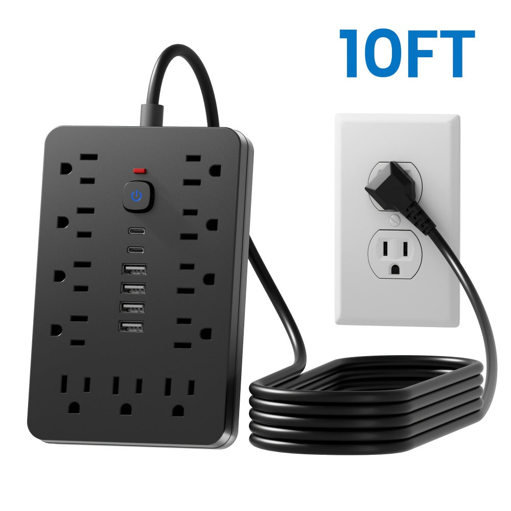 Extension Cord Power Strip with USB Ports 11 AC Outlets 4 USB-A 2 USB-C Surge Protector Overload Protection Short Cord 5FT 10FT for Home Office Study School Desk Charging Station White Black