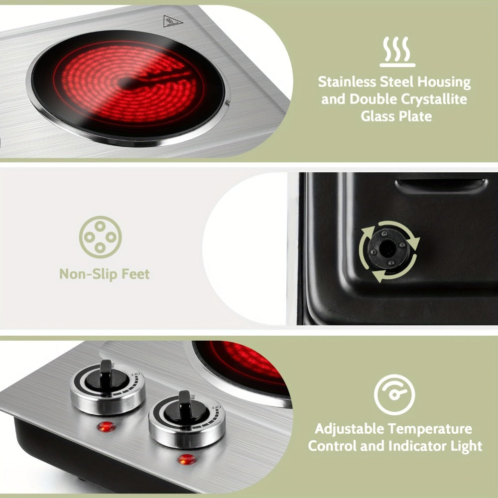 Electric Infrared Cooktop Double Burner Hot Plate ¨C 1800W Portable Dual Temperature Control, Easy-Clean Smooth Surface, Countertop Infrared Stove for Home Kitchen & Dorm, Black or Silver