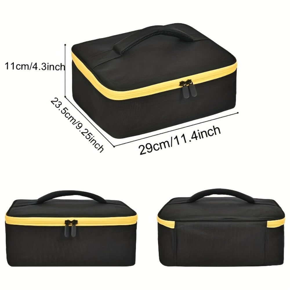 Tool Bag for Dewalt Cordless Router DCW600B XTR01Z - Heavy Duty Fabric Organizer with Mesh Pockets, Battery Holder, Charger Compartment, Drill Bit Storage, Black Yellow Trim
