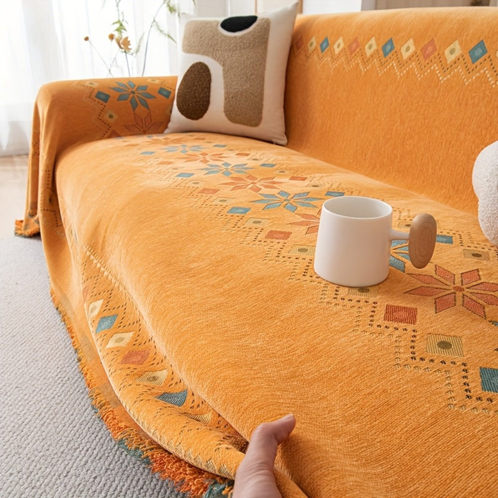 Bohemian Embroidery Chenille Sofa Cover 300GSM - Machine Washable Knit Weave Slipcover for 2 3 4 Seater Sectional Sofa No Padding, 5 Colors