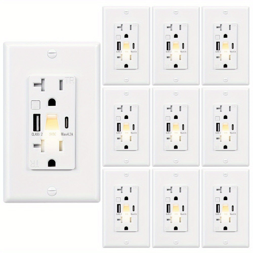 USB Wall Outlet with Night Light 20A 125V Tamper-Resistant - Type A & Type C Ports 5V 4.2A Fast Charging - ETL Listed USB C Electrical Outlet with Wallplate Included - White Smart USB Socket