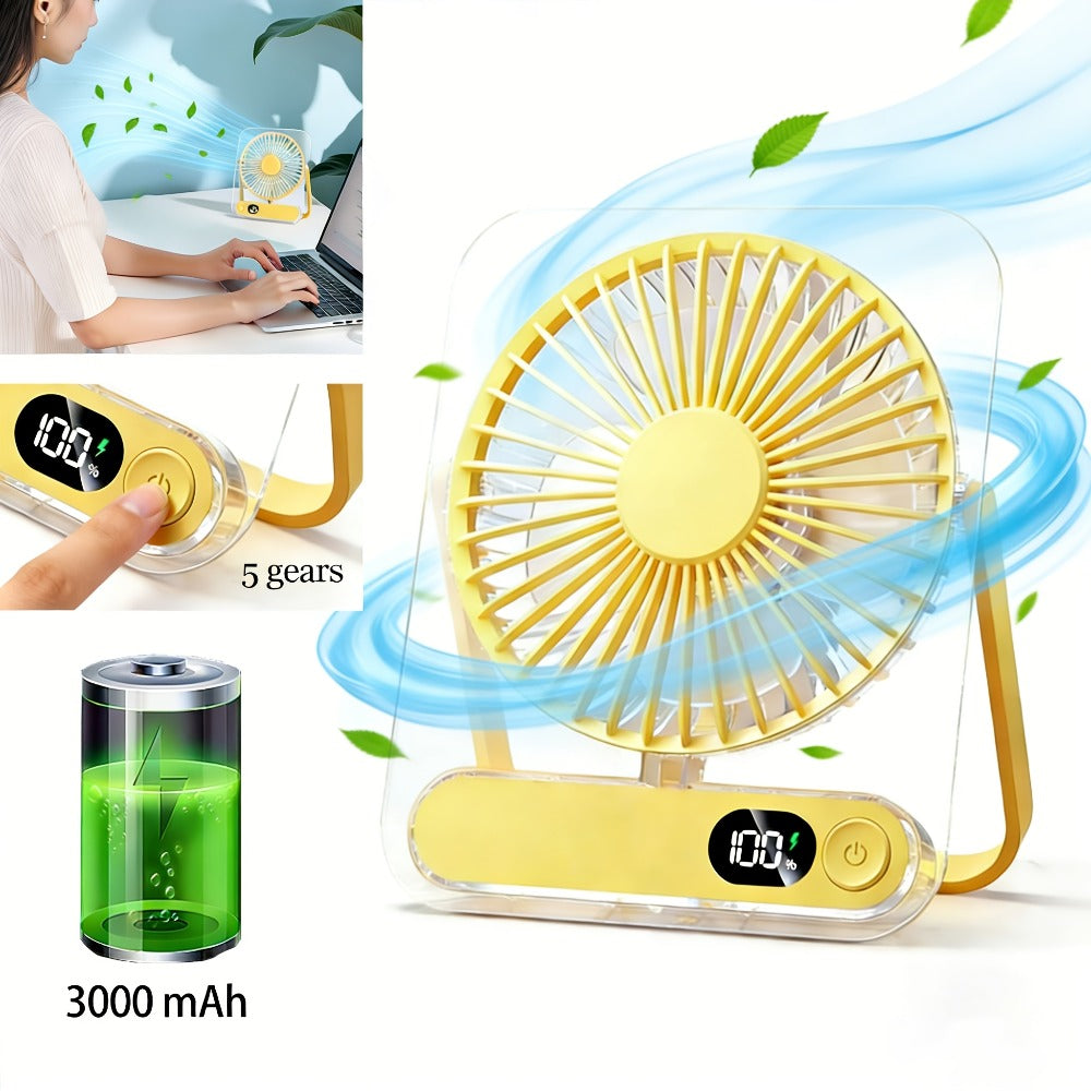Portable USB Desktop Fan 3000mAh Battery, Ultra-Quiet 5-Speed Foldable Fan with 180¡ã Adjustable Tilt and Digital Power Display, Small Personal Cooling Fan for Home, Office and Travel