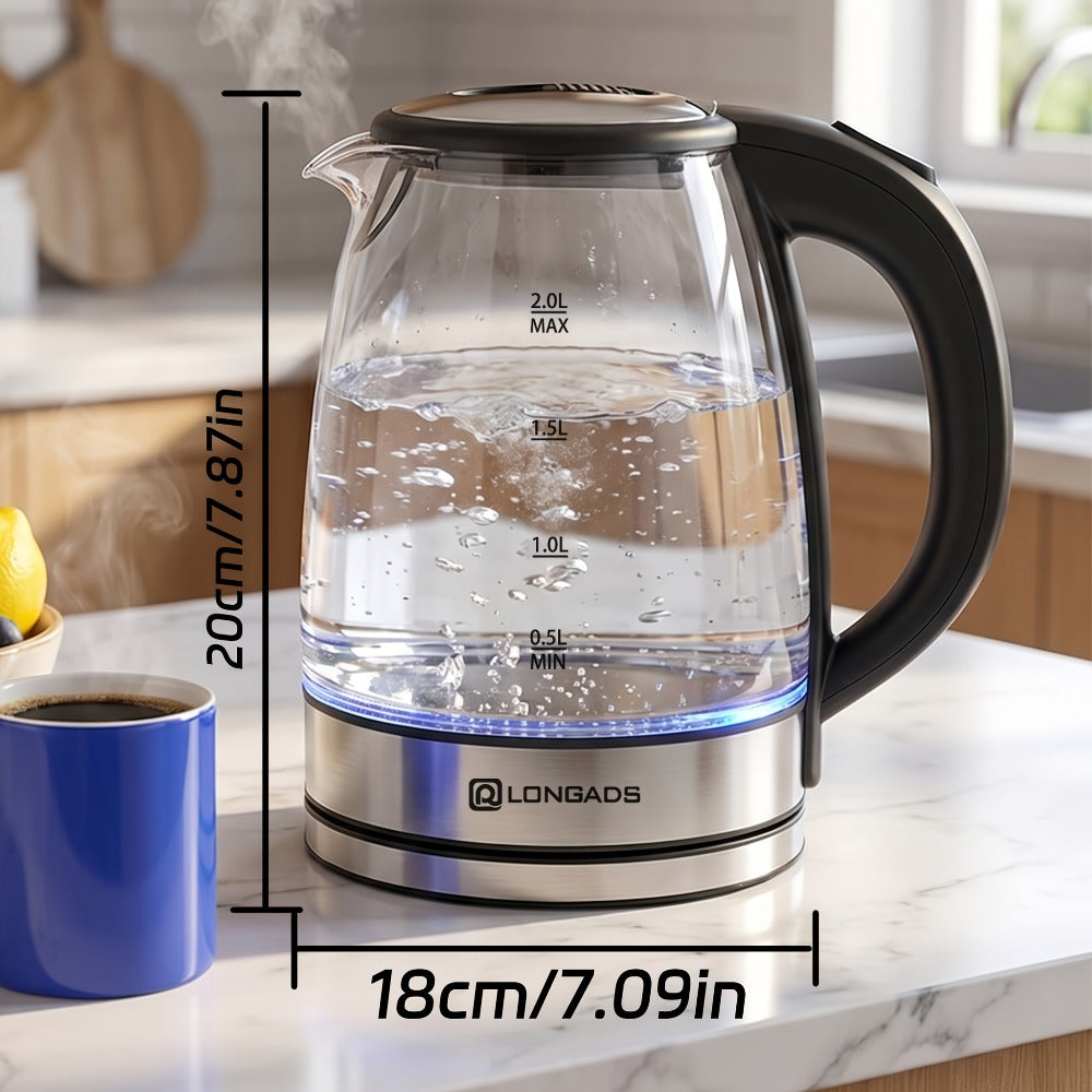 Glass Electric Kettle 2L Large Capacity ¨C 1000W Fast Boil, Anti-Dry Burn Protection, See-Through Design for Coffee Milk Tea, Kitchen Dining Room Living Room Use, 67.63oz