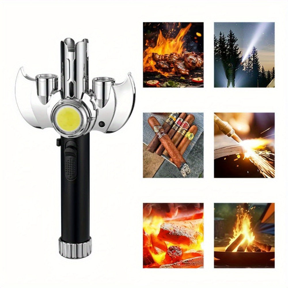 Torch Lighter Metal Jet Flame, Large Windproof Butane Torch with COB Light, High-Power Refillable Flamethrower for Barbecue, Baking, Camping, Moxibustion & Outdoor Use ¨C Black & Silver (Butane Not Included)