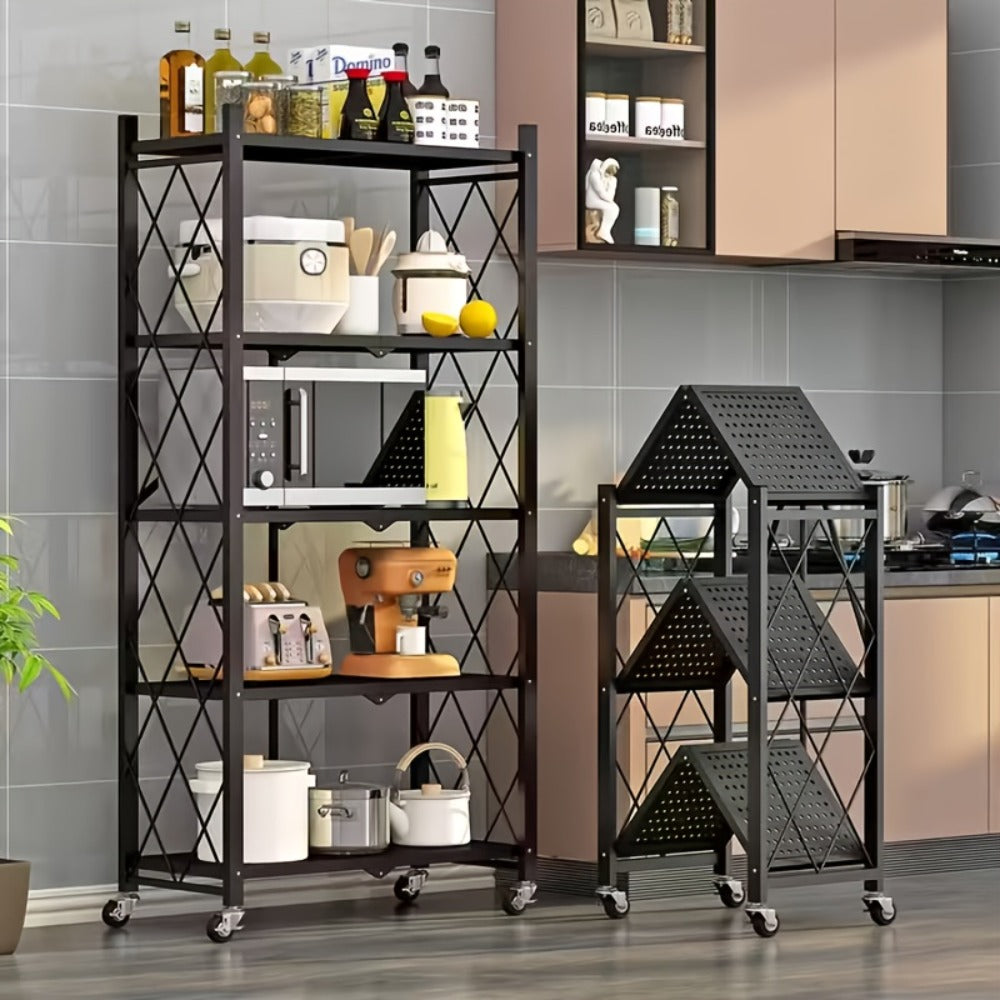 Rolling Storage Rack with Wheels 3 4 5 Tier Folding Shelving Unit No Assembly Required, Freestanding Metal Shelf Organizer for Kitchen Living Room Garage Office Basement, Black White