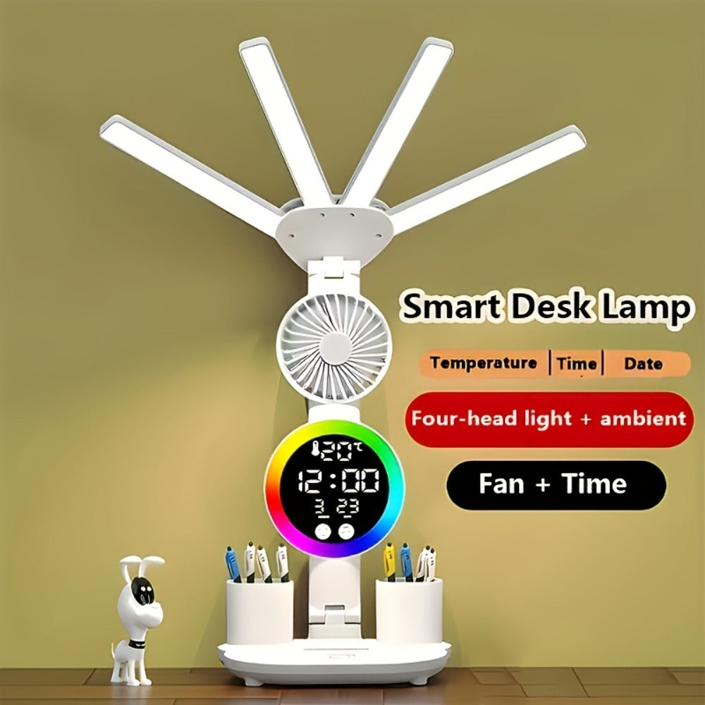 LED Desk Lamp with Built-in Fan & Touch Control | Dual Head Adjustable | USB Charging | 3 Color Modes Dimmable | Smart Display Clock | Eye-Caring Reading Lamp for Home Office Dorm Study