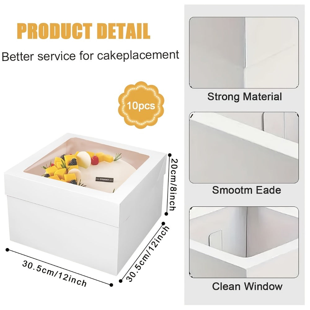 Cake Boxes with Window 12x12x8 Inch - 10 Pack White Lid Disposable Cake Box - Large Bakery Boxes for Tall Cakes - Wedding Birthday Christmas Holiday Cake Packaging & Storage Containers
