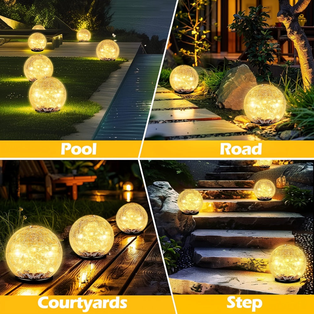 Solar Garden Globe Lights 4 Pack Cracked Glass Ball Outdoor Solar Sphere Lights with 30 LED Warm White IP65 Waterproof Auto On Off for Garden Patio Lawn Yard Pathway Christmas Decoration