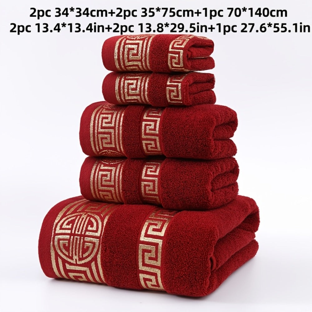 5-Piece 100% Cotton Towel Set ¨C 1 Bath Towel, 2 Hand Towels & 2 Washcloths | Ultra-Soft, Highly Absorbent, Exquisite Pattern Design for Home Bathroom