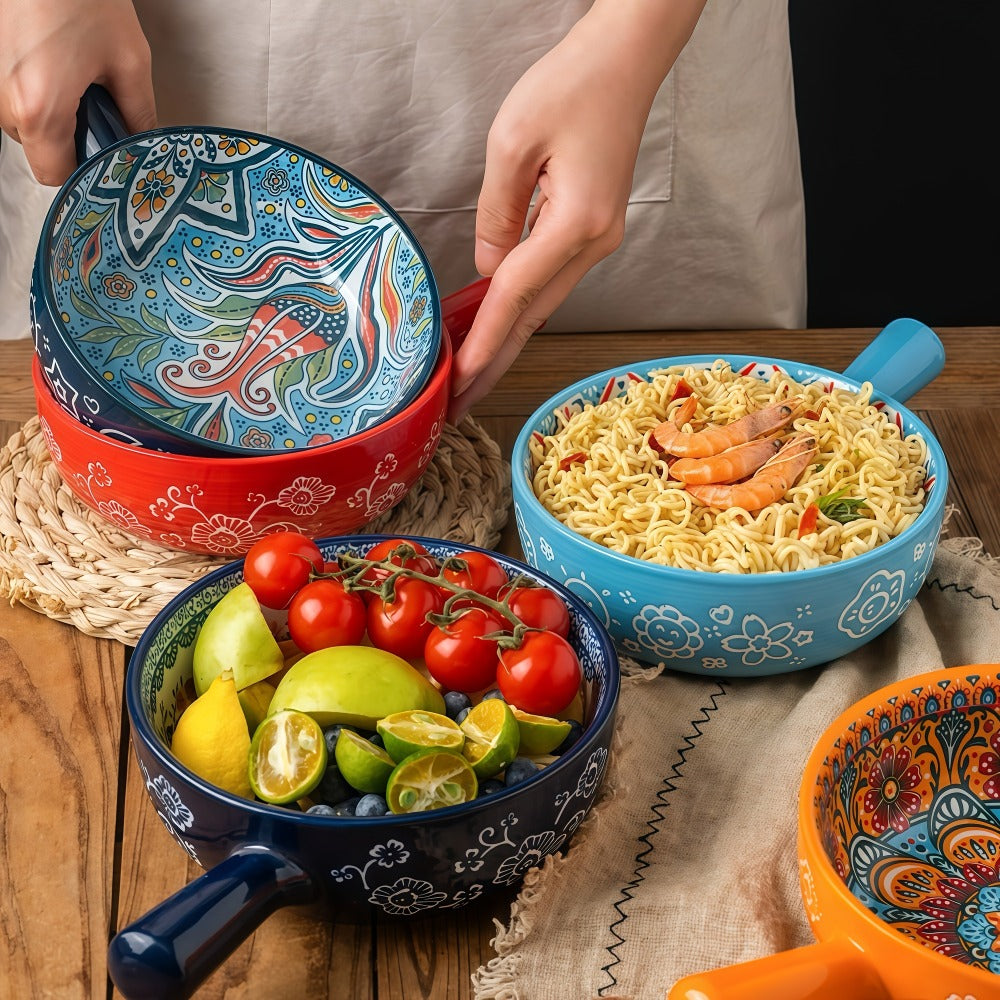 Ceramic Salad Bowl Set of 4 Bohemian Style 8.7 Inch with Handles Microwave and Oven Safe Colorful Serving Bowls for Home Baking Table Serving Gift