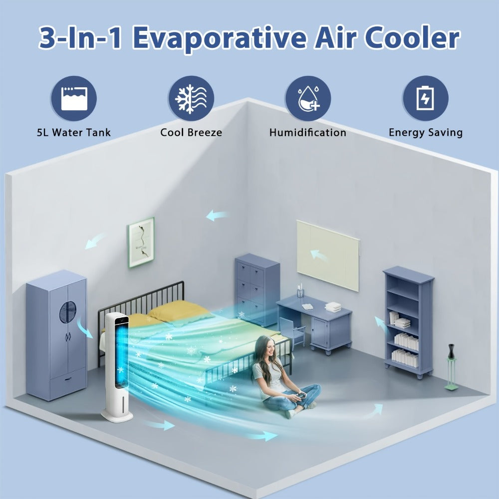 Evaporative Air Cooler Portable 1.32 Gal, 3-in-1 Swamp Cooler Fan Humidifier with Ice Cooling, 4 Ice Packs, 70¡ã Oscillation & Low Noise, Bladeless Tower Fan Air Conditioner for Bedroom Kitchen Office