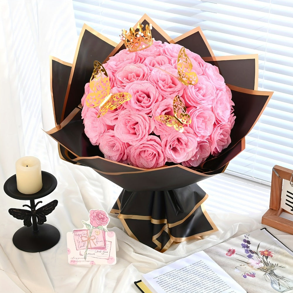 Artificial Rose Bouquet 24 Glitter Roses with 6 Golden Butterflies, Everlasting Shiny Fake Flower Bouquet for Wedding, Anniversary, Engagement & Home Decor | Purple, Red, Pink, Blue