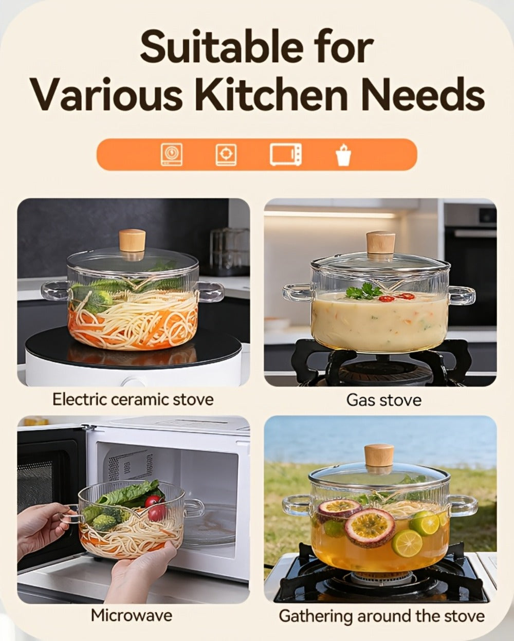 Glass Saucepan Set 2-Pack Stovetop Safe Borosilicate Ribbed Pots with Lids ¨C 78oz & 54oz Heat Resistant Cookware for Soup, Ramen, Milk | Transparent Glass Pot Kitchen Cooking Set with Baking Mat
