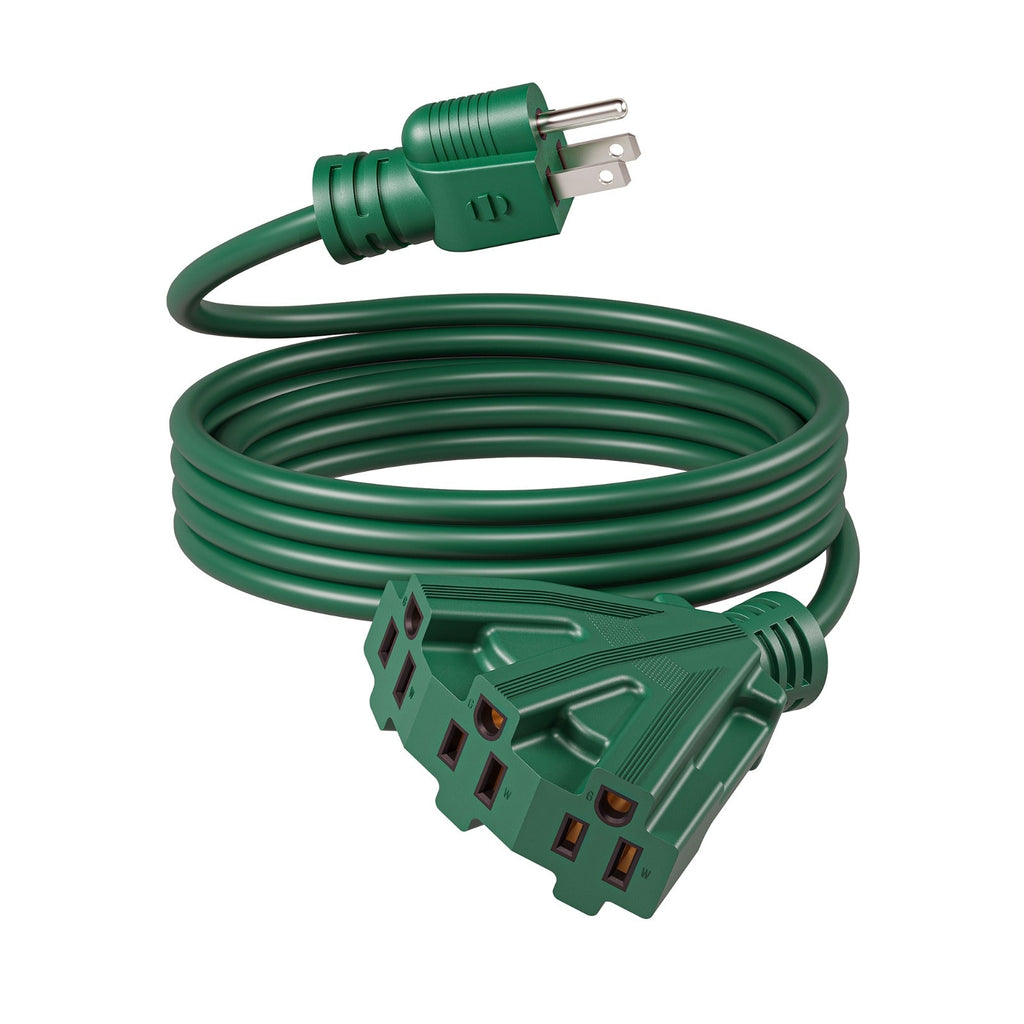 Green Extension Cord 3-Outlet Splitter 12FT 16/3 SJTW Flexible Copper Wire Triple Tap for Christmas Lights Holiday Decoration Landscape Lighting Outdoor Indoor Garage Workshop