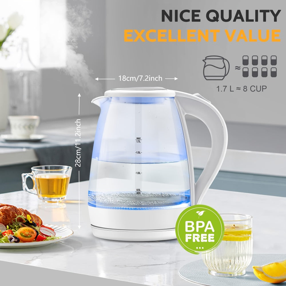 Glass Electric Kettle 1200W Borosilicate with Blue LED Glow - 57.48oz 1.7L Fast Boil BPA-Free Auto Shut-Off Boil-Dry Protection, Transparent Electric Tea Kettle for Home Office RV Camping Kitchen Gift