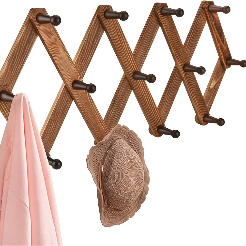 Wall Hat Rack Expandable Wood Accordion Hanger - 13 Hooks for Baseball Caps Coats Scarves Jewelry, Vintage Entryway Hallway Organizer