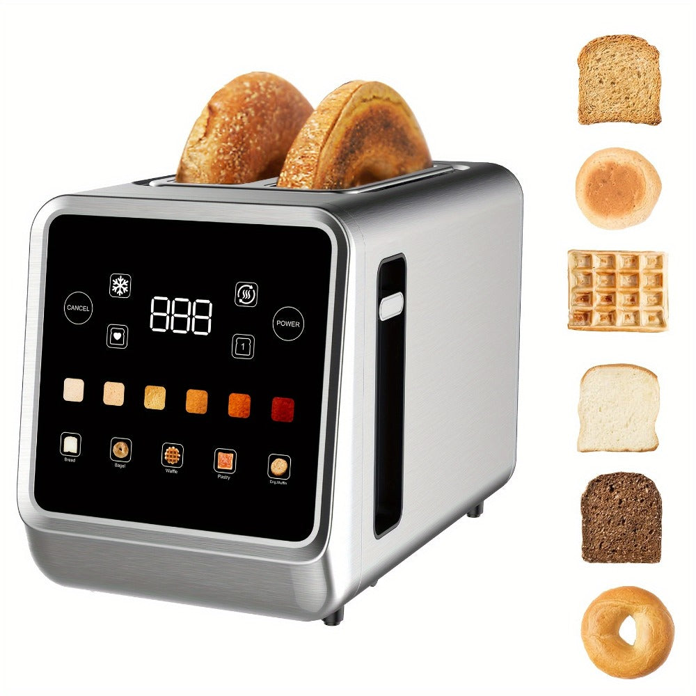Digital Touch Screen Toaster 2 Slice Stainless Steel with 5 Bread Functions 7 Shade Settings Bagel Defrost Reheat Cancel Removable Crumb Tray LED Display Kitchen Toaster
