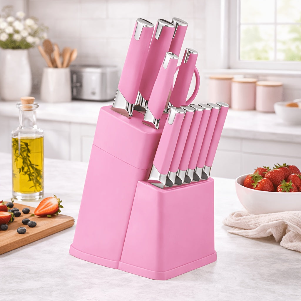 13-Piece Kitchen Knife Set with Block, Chef Bread Steak Knives Scissors Stainless Steel Colorful Cutlery Gift Set with Knife Holder