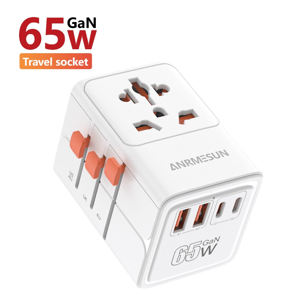 65W Universal Travel Adapter with 4 USB Ports - 2 USB-C & 2 USB-A Fast Charging, US EU UK AU Plugs, 100-240V Input, Overload & Short Circuit Protection, 200+ Countries, White & Black