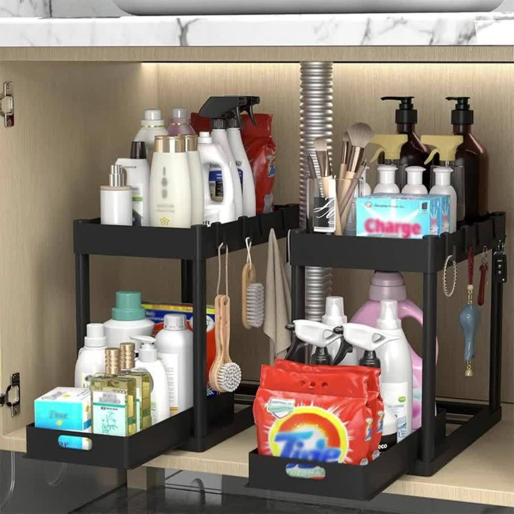 Under Sink Organizer 2pcs Double Tier Sliding Storage Basket with 8 Hooks ¨C Kitchen Bathroom Cabinet Rack Shelf