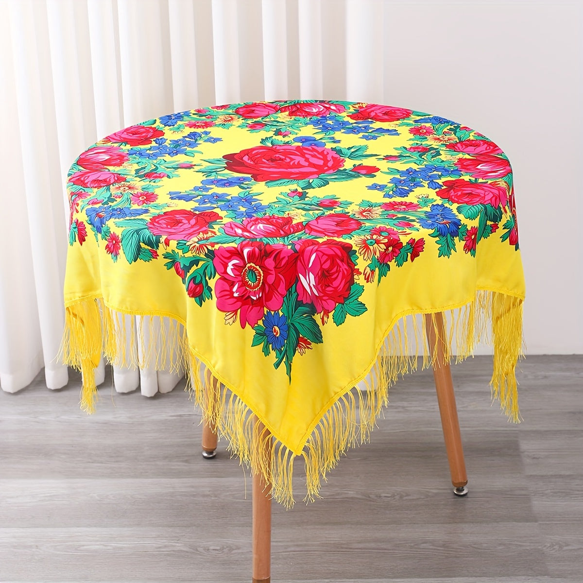Floral Square Tablecloth with Tassels - Multicolor Flowers, Machine-Washable Polyester, Kitchen & Dining Room Table Cover with Tassel Trim