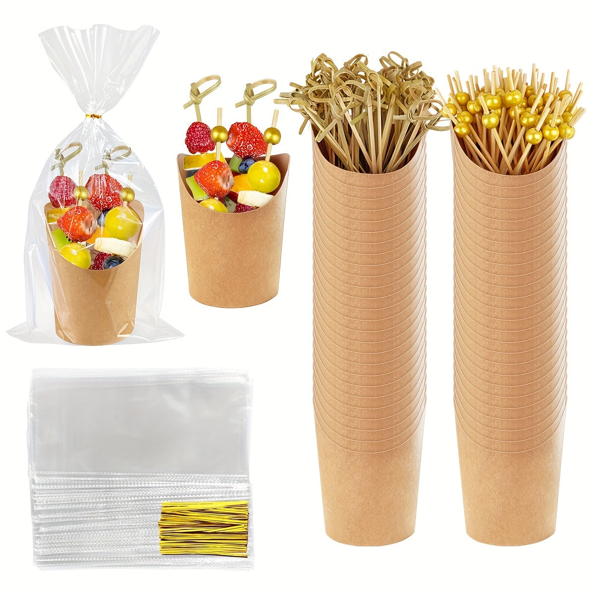 Disposable Charcuterie Cups 8oz with Sticks and Bags - 50 Sets Brown Kraft Paper Snack Cups for Appetizers Party Supplies French Fries Dessert Cups