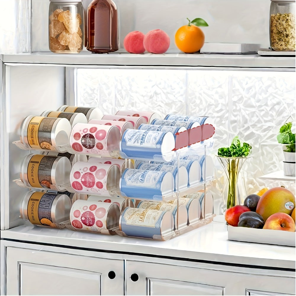 Can Organizer Rack for Pantry Fridge 3-Tier Stackable Rolling 36 Capacity Clear Plastic Automatic Rolling Canned Food Storage Space Saving Kitchen Organizer 3 Sets