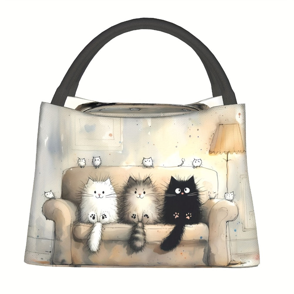 Insulated Lunch Bag with Cat Design - Reusable Polyester Lunch Tote for Women, Portable Cooler Bag for Work, Picnic, Hiking & Beach, Easy to Clean, Animal Print