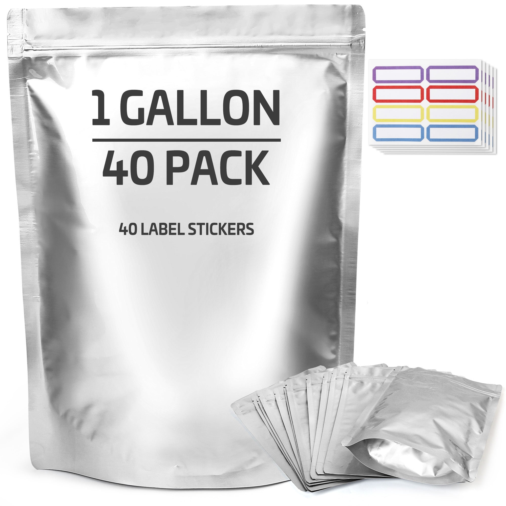 Mylar Bags for Food Storage 1 Gallon 10 Mil Thick ¨C Resealable Zipper & Heat Seal, 40pcs or 100pcs with Label Stickers | Long-Term Food Storage Bags for Dry Goods, Prepping & Pantry Organization