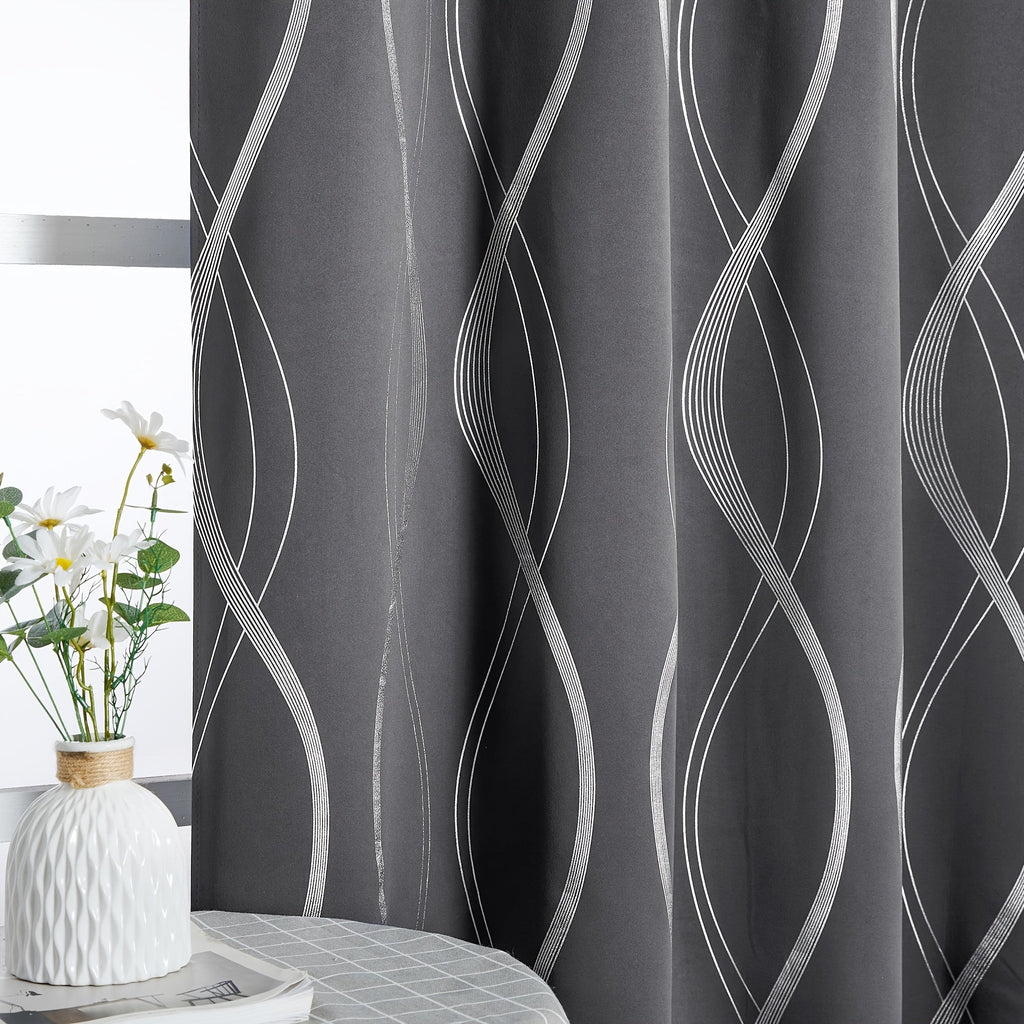 Thermal Insulated Blackout Curtains 2 Panels Wave Line Foil Print Noise Reducing Room Darkening Drapes for Bedroom Living Room Patio Sliding Glass Door