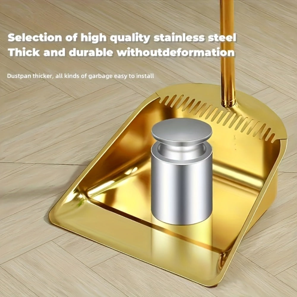 Broom and Dustpan Set Premium Golden Stainless Steel Extra Long Handle Microfiber Bristles V-Shape Leakproof Dustpan Heavy Duty Indoor Outdoor Sweeper for Kitchen Patio Hardwood Tile Floor