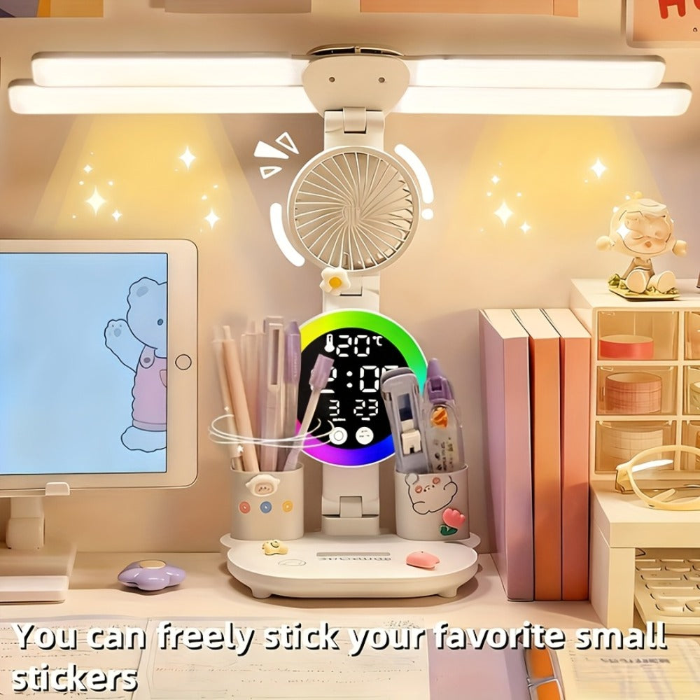 LED Desk Lamp with USB Touch Control Adjustable Brightness Color Changing Built-In Fan Night Light Eye-Caring for Home Office Dorm Study Multi-Angle