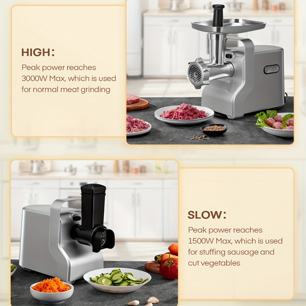 Electric Meat Grinder 5-in-1 with Sausage Stuffer Vegetable Slicer Tomato Juicer Kubbe Kit 3 Grinding Plates 3 Speed Settings 4.5 lbs per Min