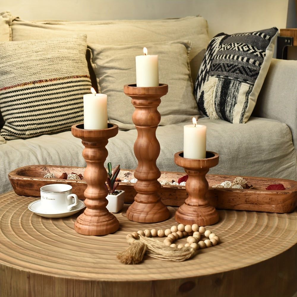 Wood Pillar Candle Holder Set of 3 - Farmhouse Rustic Wooden Candlestick Holders for Pillar Candles, Tiered Tray Decor, Table Centerpiece, Mantel Shelf Home Decor, White Black Brown
