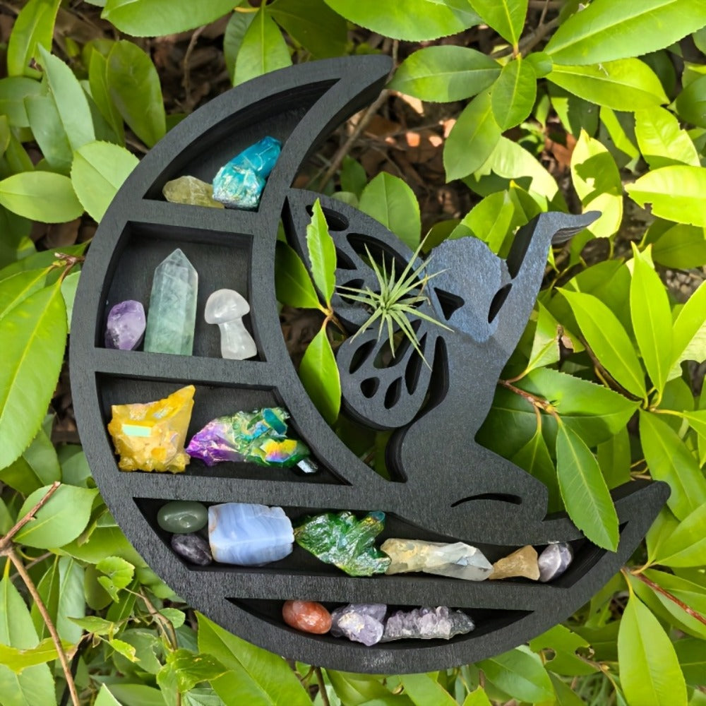 Crescent Moon Crystal Display Shelf Wooden Floating Wall Shelf for Crystals, Gems & Boho Decor ¨C MoonFairy Style Witchy Home Decoration