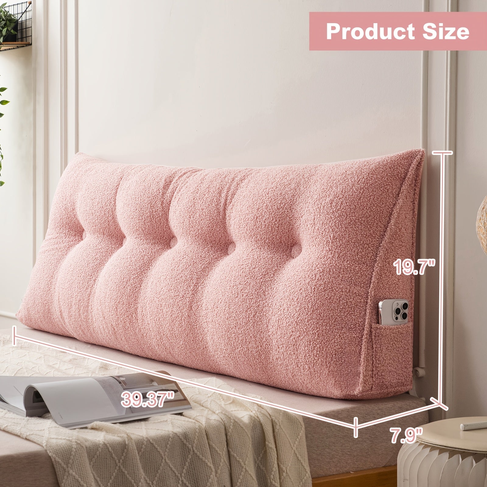 Bed Wedge Pillow Headboard Pillow with Side Pockets Removable Washable Cover Teddy Velvet Reading Pillow Twin Queen King
