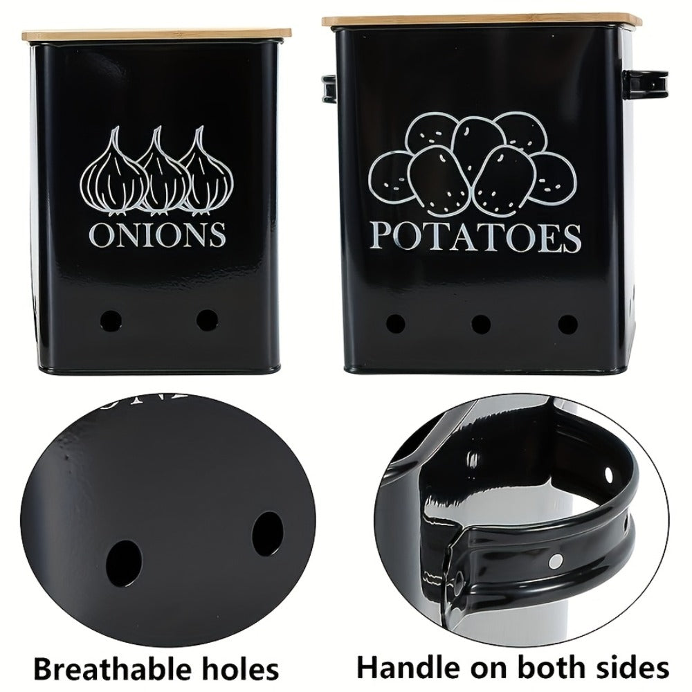 Kitchen Storage Canister Potato Onion Storage Bin Aerating Ventilation Holes Wooden Lid Multipurpose Kitchen Organizer for Onion Potato Fruit Vegetable Black White Grey Green
