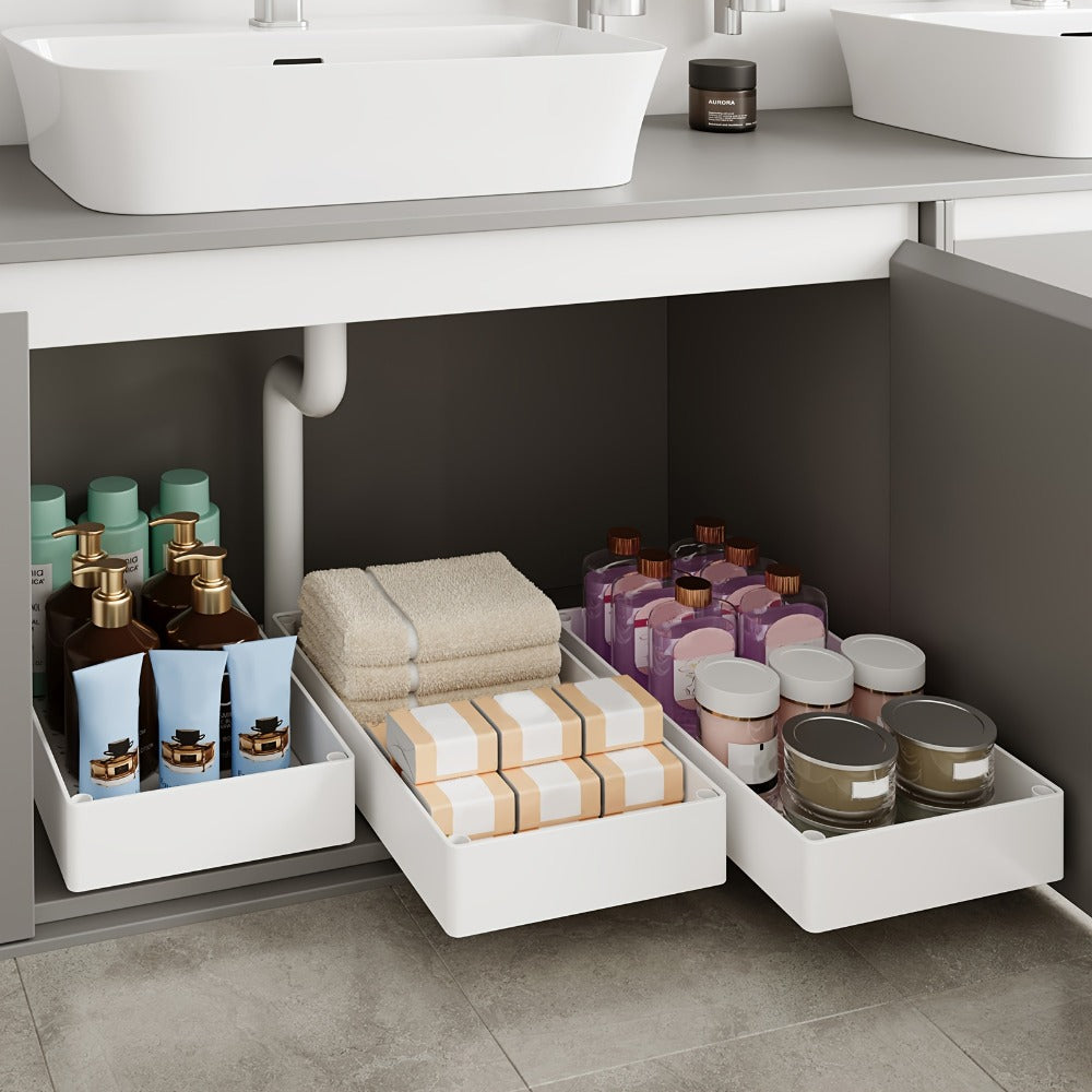 Pull-Out Cabinet Organizer 2-Pack Retractable Slide-Out Storage Bins No Drill Removable Kitchen Pantry Bathroom Shelf Organizer Boho Style Plastic Drawer Basket