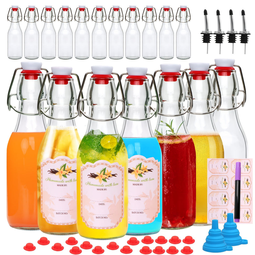 Glass Swing Top Bottles 8.45oz ¨C Round Iron Clasp Airtight Bottle Set with Funnel for Juice, Kombucha, Syrup & Oil Storage, Reusable Flip Cap Glass Bottles (6, 9, 12 or 18 Pack)
