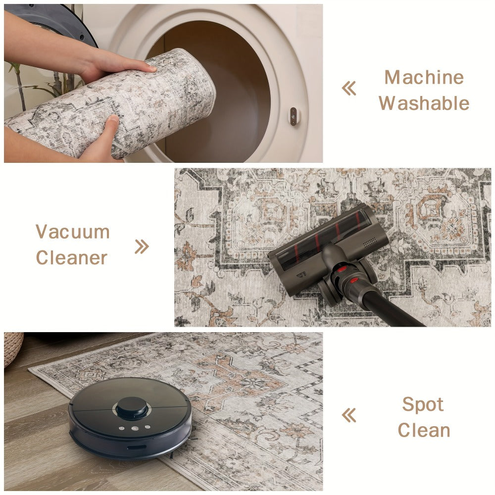 Vintage Chenille Area Rug Non-Slip Machine Washable ¨C Retro Print Lightweight Carpet for Living Room, Bedroom, Dining Area & Home Office ¨C Light Taupe Brown, 8 Sizes